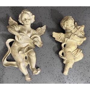 Set Of 2 Angels Cherubs Pair Wall‎ Decor Vintage Resin Figures Harp Violin